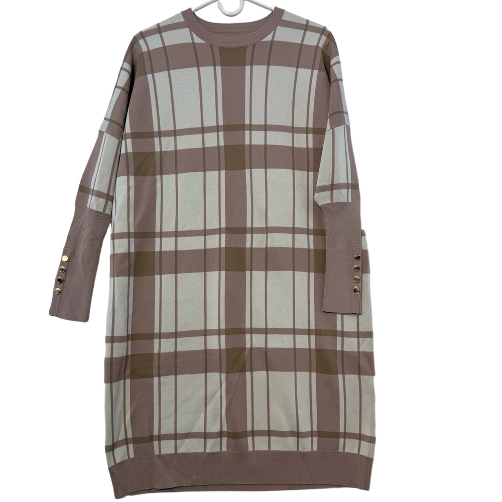 Aleeza Paris Knit Dress Women M-L Brown White Plaid Gold Cozy Chic Cabin Preppy